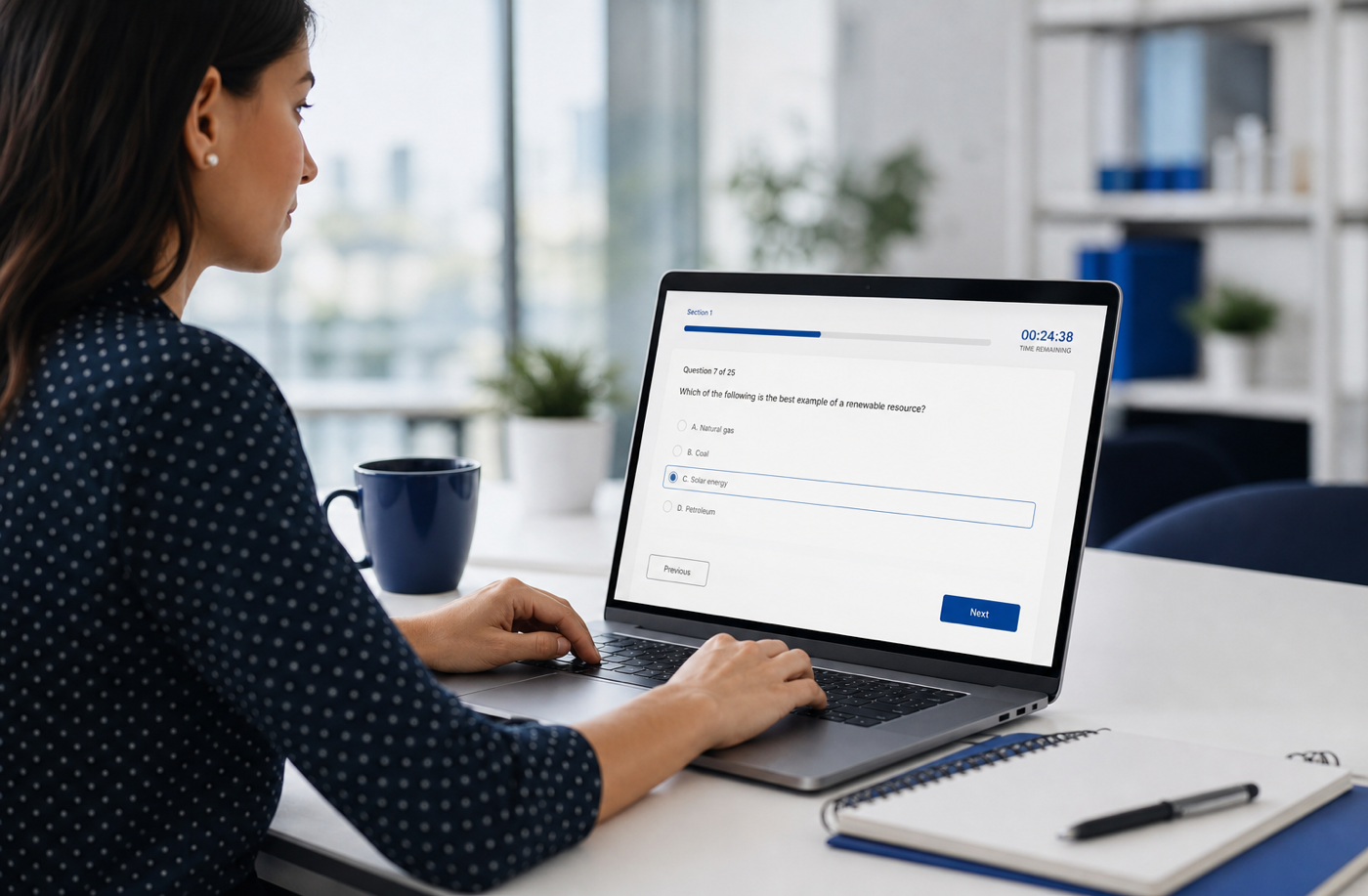 Professional taking a secure online assessment on a laptop